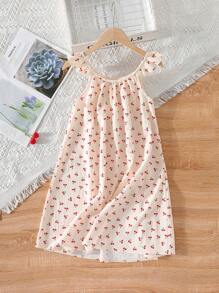 Camisón de niña estampado con cerezas dulces y lindas, de tela de gasa con estampado floral fresco de cerezas, diseño de tirantes con volantes + ropa de dormir holgada y cómoda - Albaricoque - Ver 4
