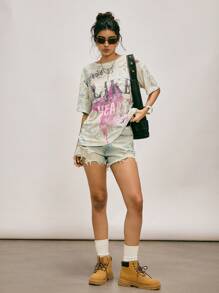 Easelle T-shirt casual da donna con stampa a caratteri, spalle scoperte e design elastico, per l'estate