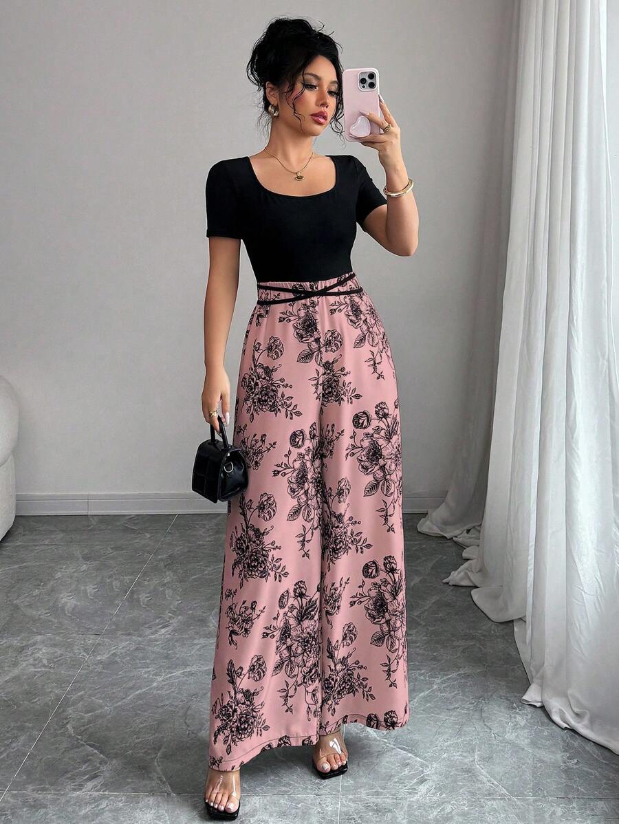 INAWLY Summer Vacation Elegant Square Neck Short Sleeve Crop Top With Splicing Contrasting Floral Wide Leg Pants, Criss-Cross Tie Up Romper For Women