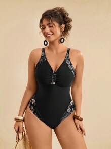 Travachic 大码女式连体热带花卉印花 V 领性感沙滩泳衣，休闲夏季 - 黑色 - 查看 1