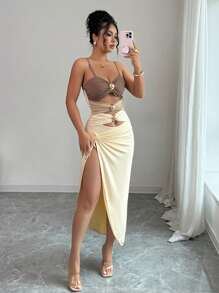 Rafferiza Sexy High Waist Gold Button Hollow Out Slimming Bodysuit - Multicolor - View 4