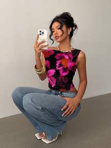 Aloruh Blouse d'épaule asymétrique plissée élégante et minimaliste pour femme, imprimé floral, convient pour l'été