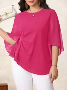 Reflora Áo kiểu dáng thanh lịch, màu trơn, tay loe, cỡ lớn, thích hợp mùa hè, công sở, dành cho nữ giáo viên, dịp Lễ Tình nhân. - Màu Hồng Tươi - Xem 5