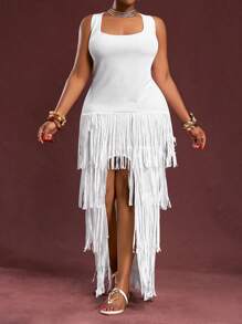 Veslaya 2025年优雅浪漫的婚礼季夏季连衣裙，曲线贴身白色纯色流苏拼接，弹力紧身俱乐部礼服，适合大码女士 - 白色 - 查看 6