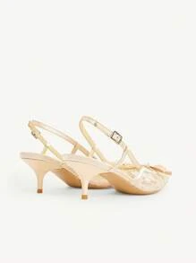 CUCCOO CHICEST 女士香槟色缎面网眼拼接蝴蝶结装饰法式小猫高跟鞋尖头浪漫派对婚礼礼服高跟鞋