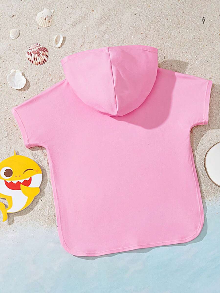 BABY SHARK X SHEIN Baby Girl Summer Holiday Cute Shark Pattern Hooded Beachwear - Pink - View 1