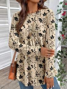 EMERY ROSE Áo thun nữ cổ tròn tay raglan in họa tiết hoa cổ điển viền bất đối xứng, phù hợp cho mùa thu/đông - Nhiều màu - Xem 6