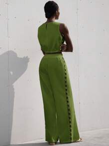 Aveloria Modichic 全新法式时尚度假简约优雅品质女装纯色几何刺绣镂空圆领无袖抽绳短款上衣和阔腿裤两件套