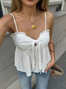 SHEIN LUNE Women Casual Solid Color Textured Ruffle Hem Cami Top, Basic Summer Holiday Daily - White - View 4