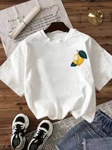 INAWLY Women Summer Letter & Lemon Printed Casual Round Neck Short Sleeve T-Shirt