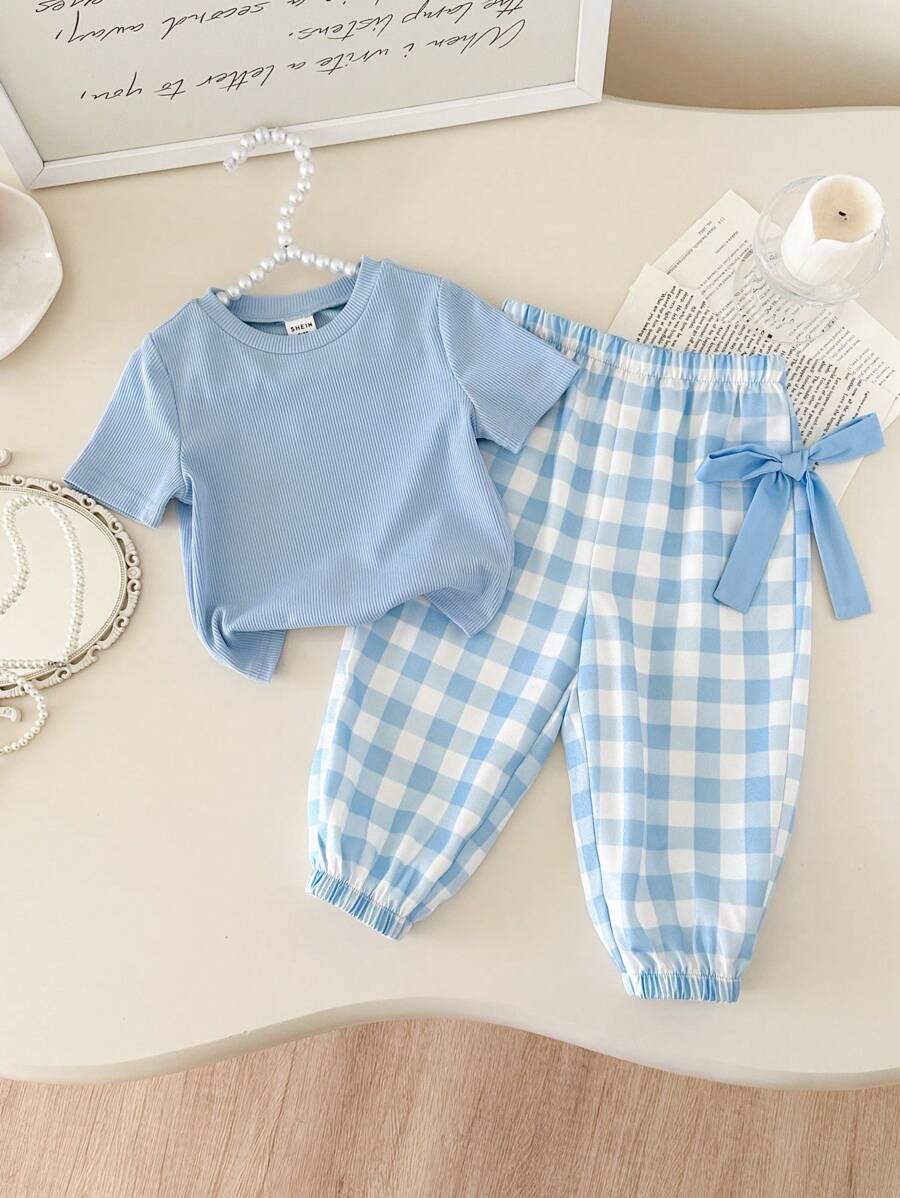 SHEIN Babygirl 蓝色格子裤和短袖针织上衣套装，夏季 - 藍色 - 查看 1