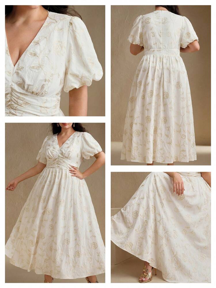 プラスサイズ レディース 長袖 刺繍ドレス、上質な雰囲気のドレス