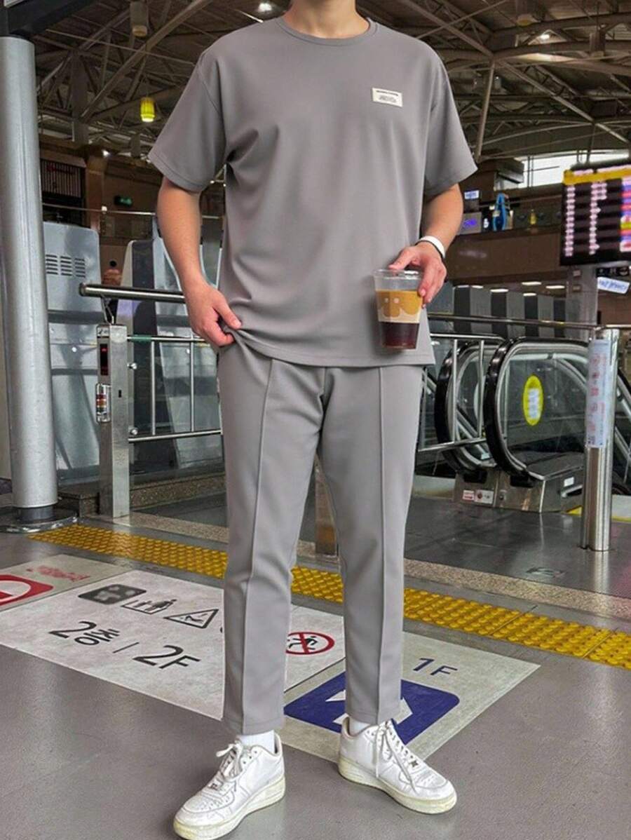 SHEIN 2 Pieces Set: Teen Boys Casual Loose Comfortable Solid Color Versatile Short Sleeve Top & Straight Leg Pants - Grey - View 1