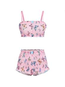 Notgurli 2pcs Playful Sheer Butterfly Print Y2K Ruched Plisse Wireless Bralette & Panty Set, Pink - Pink - View 6