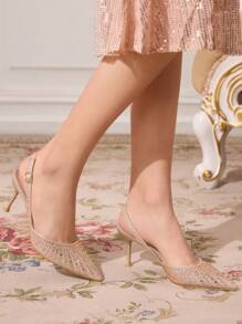 CUCCOO TILAWA 女士尖头水钻装饰细高跟鞋香槟色露背高跟鞋，适合派对和活动 - 香檳色 - 查看 8