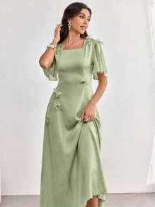 Modelyn Women Square Neck Ruffle Sleeve Floral Print Bodycon Short Sleeve Dress - Green - View 5