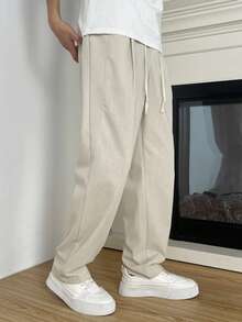 Manfinity Homme Men's Solid Color Drawstring Waist Pocket Straight Loose Casual Pants - Beige - View 3