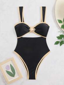 SHEIN Swim Chicsea 夏季海滩女士黑白太阳形状装饰连体泳衣，优雅/休闲舒适度假/沙滩装泳装 - 黑色 - 查看 6