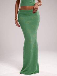 SHEIN BAE Women's Floral Print Maxi Mermaid Hem Knit Skirt - Mint Green - View 7