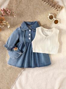 SHEIN Vintaside Kids 2 件装女婴牛仔连衣裙和粗针织背心套装，秋冬 - 藍色 - 查看 6