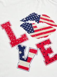 ROMWE Avant 音乐会女式不对称领口旗帜和爱心唇印休闲 T 恤，7 月 4 日 - 白色 - 查看 3