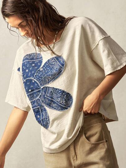 Bohemela 大码夏季休闲花卉贴花短袖T恤