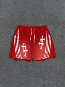 Manfinity ZONE917 Men's Street Style Striped Cross & Distressed Graphic Red Shorts - Red - View 1