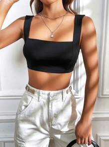 SHEIN EZwear Solid Crop Tank Top - Black - View 7