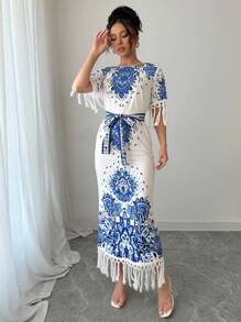 Chiquease Round Neck Side Slit Hem Floral Print Dress For Women - Blue - View 4