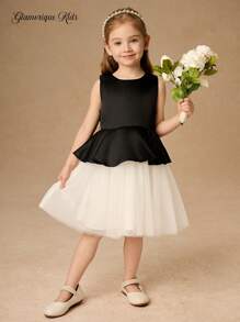 Glamorique Kids Young Girl Princess Style Contrast Color Contrast Mesh Slip Dress, Vintage Elegant Summer Dress - Black - View 5