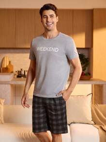 Manfinity Underwear&Sleepwear Basics Men's Letter Print Crew Neck Short Sleeve T-Shirt And Plaid Shorts Pajama Set - Light Grey - View 3