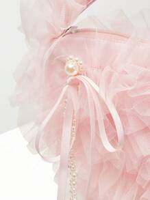 MOTF PREMIUM FAUX PEARL AND BOW MESH TOP HANDLE BAG, NEW ARRIVAL FUR BAG FOR WOMEN - Pink - View 9