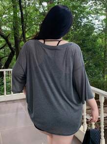 Dazy Plus Deep V-Neck Loose Half Sleeve Shawl Style Summer T-Shirt - Grey - View 2