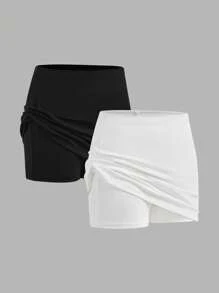 SHEIN Girlism 2pcs/Set Tween Girl Casual Minimalist Comfortable Mid-Waist Snug Fit Mini Skirt Fall Winter