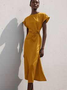 Aveloria New Elegant Commute Women's Solid Color Embossed Satin Round Neck Cap Sleeve Waistband Twist Tie Slim Waist Long Dress