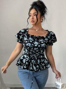 Elenzga 加大码女式优雅时尚百搭方领碎花泡泡袖荷叶边下摆后背系带蝴蝶结衬衫 - 彩色 - 查看 5