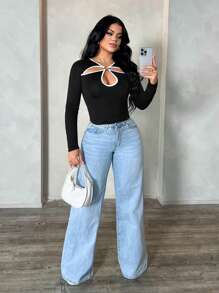 SHEIN SXY 女士休闲黑白撞色花朵镂空T恤 - 黑與白 - 查看 4