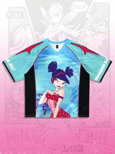 Winx Club X ROMWE Camiseta de manga de color block con gráfico de personaje de dibujos animados de estilo deportivo casual para hombres, para verano