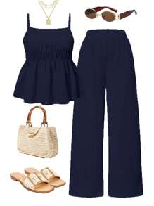 Set de 2 piezas con top de tirantes y pantalón de pierna ancha para adolescentes, conjunto de ropa casual de verano