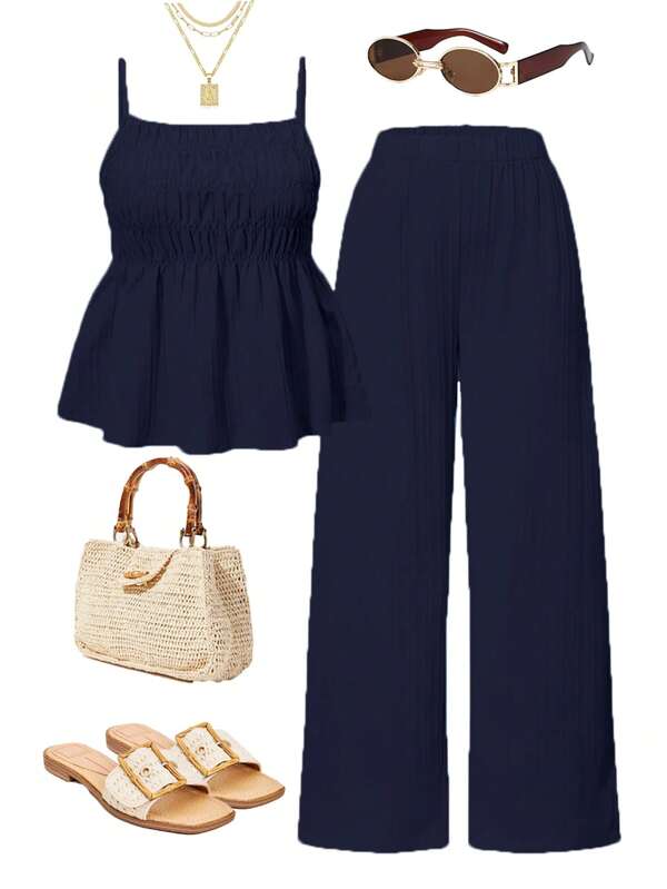 Set de 2 piezas con top de tirantes y pantalón de pierna ancha para adolescentes, conjunto de ropa casual de verano