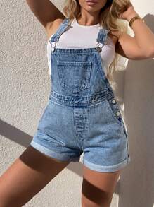 SHEIN ICON Plus Size Distressed Denim Bib Overall Romper , Fashionable For Summer
