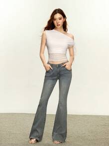 Rina Fox Women Lightweight Lace Fabric Asymmetrical Neck Strap Top, Summer - White - View 2