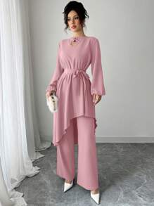 Modelyn 2件套女士纯色系带不对称下摆上衣和裤子