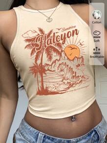 SHEIN EZwear Top camiseta ajustada de cuello redondo minimalista y casual con estampado tropical para mujer, de verano