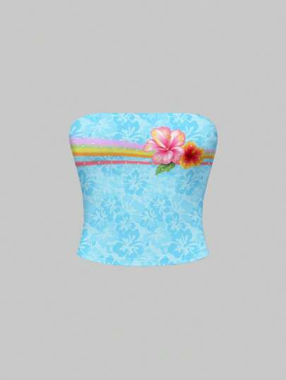 ROMWE Avant Sexy Beach Tube Top With Floral & Hibiscus Print, Bandeau Top For Women
