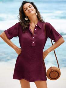 Swim Lushoire Beach Vacation Outfits Women Summer Polo Collar Half Sleeve Casual Holiday Beach Solid Woven Swimsuit Cover Up - Burgundy - View 6
