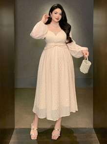 Dazy Plus Vestido plus size de chiffon com lantejoulas, laço na cintura e mangas bufantes. Ideal para o outono, festas de formatura e eventos formais. Vestido elegante para mulheres. - Damasco - Ver 4