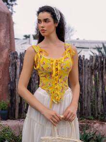 SHEIN 1pc Women's Elegant Floral Print Criss-Cross Backless Bustier Top - Yellow - View 3