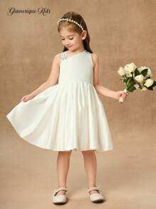 Glamorique Kids Mädchen süßes, niedliches Sommerkleid für alle Jahreszeiten, weißes besticktes Hochzeitskleid für Blumenmädchen, ärmelloses Prinzessinnen-Partykleid - Weiss - Übersicht 5