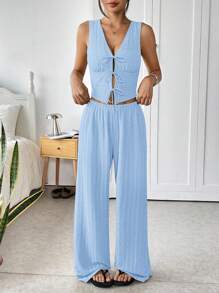 SHEIN EZwear 夏季蓝色纹理针织绑带背心和裤子套装 - 藍色 - 查看 6